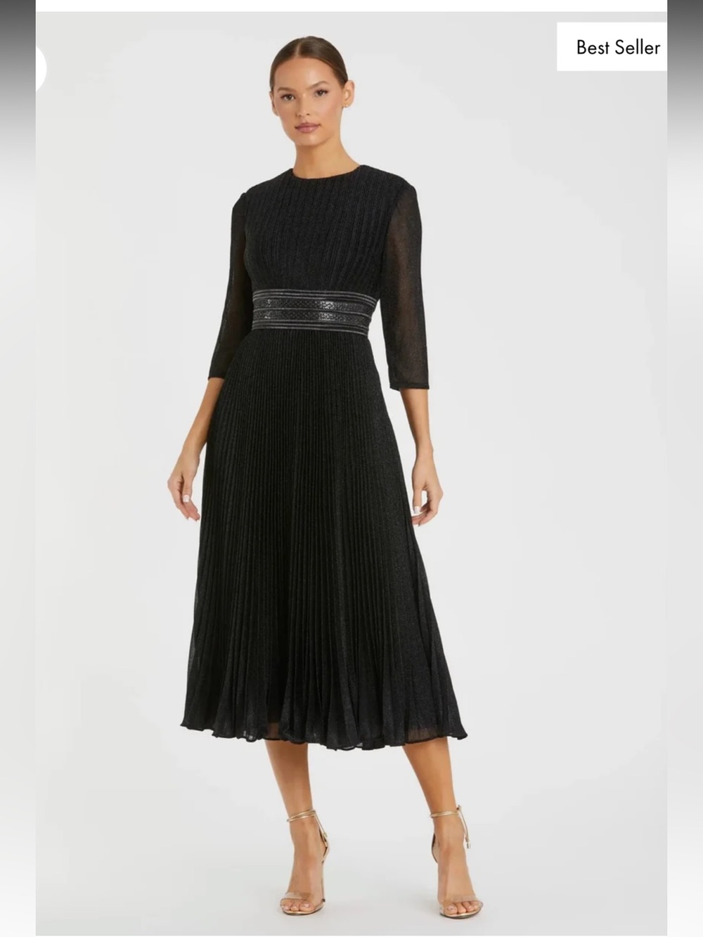 Mac Duggal Black Glitter Long Midi Dress with Beaded Waist size 8
